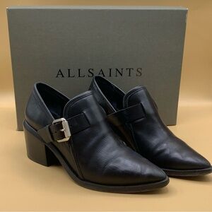 AllSaints Jessie Black Leather Block Heel Loafers Bootie Buckle Strap - Size 7